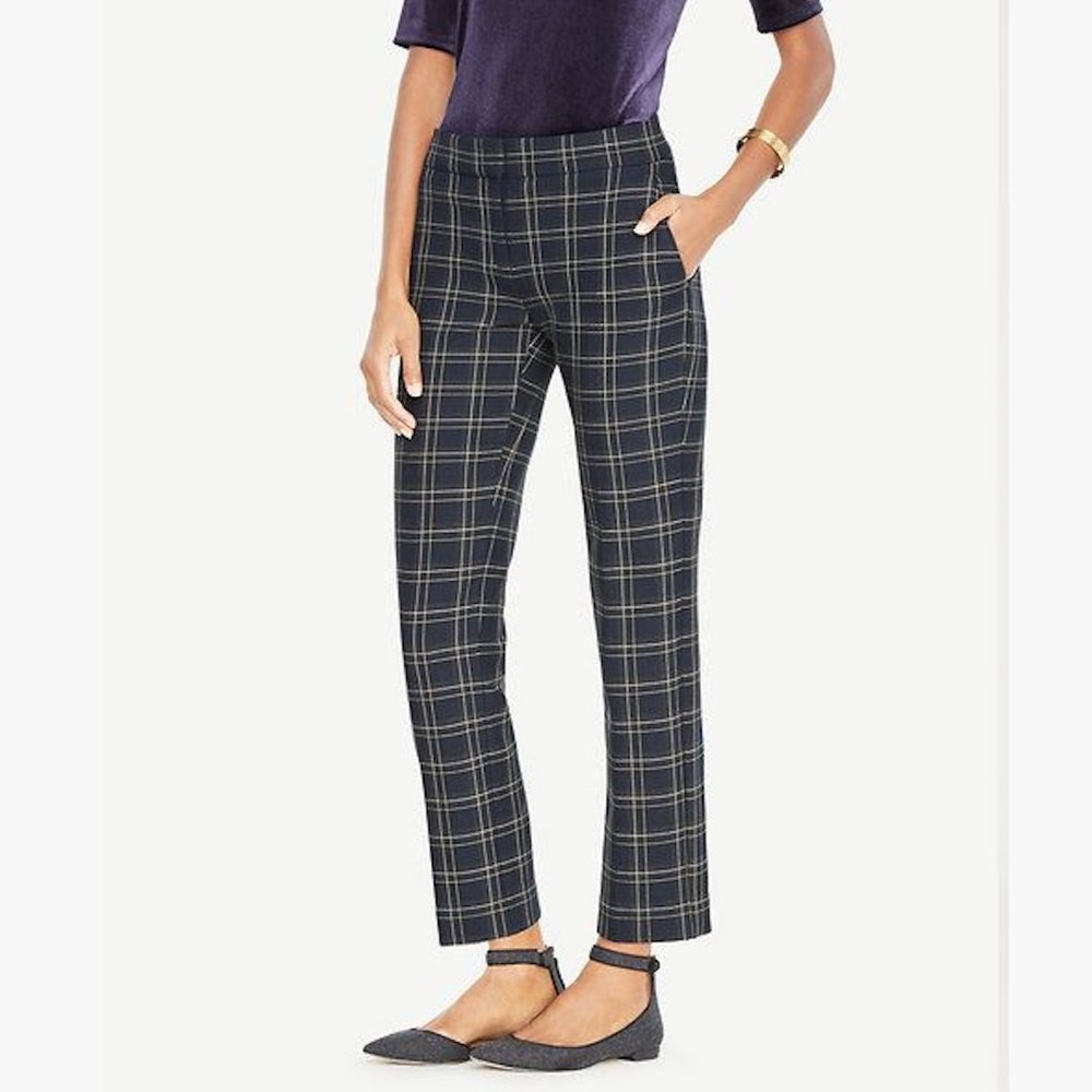 Ann Taylor Ankle Pant In Plaid Navy - Devin Fit 00P
